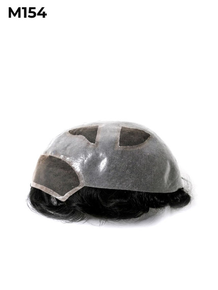 M154 - Prótesis capilar masculina con base de micropiel, zona superior con ventanas de tul francés y frontal de tul francés