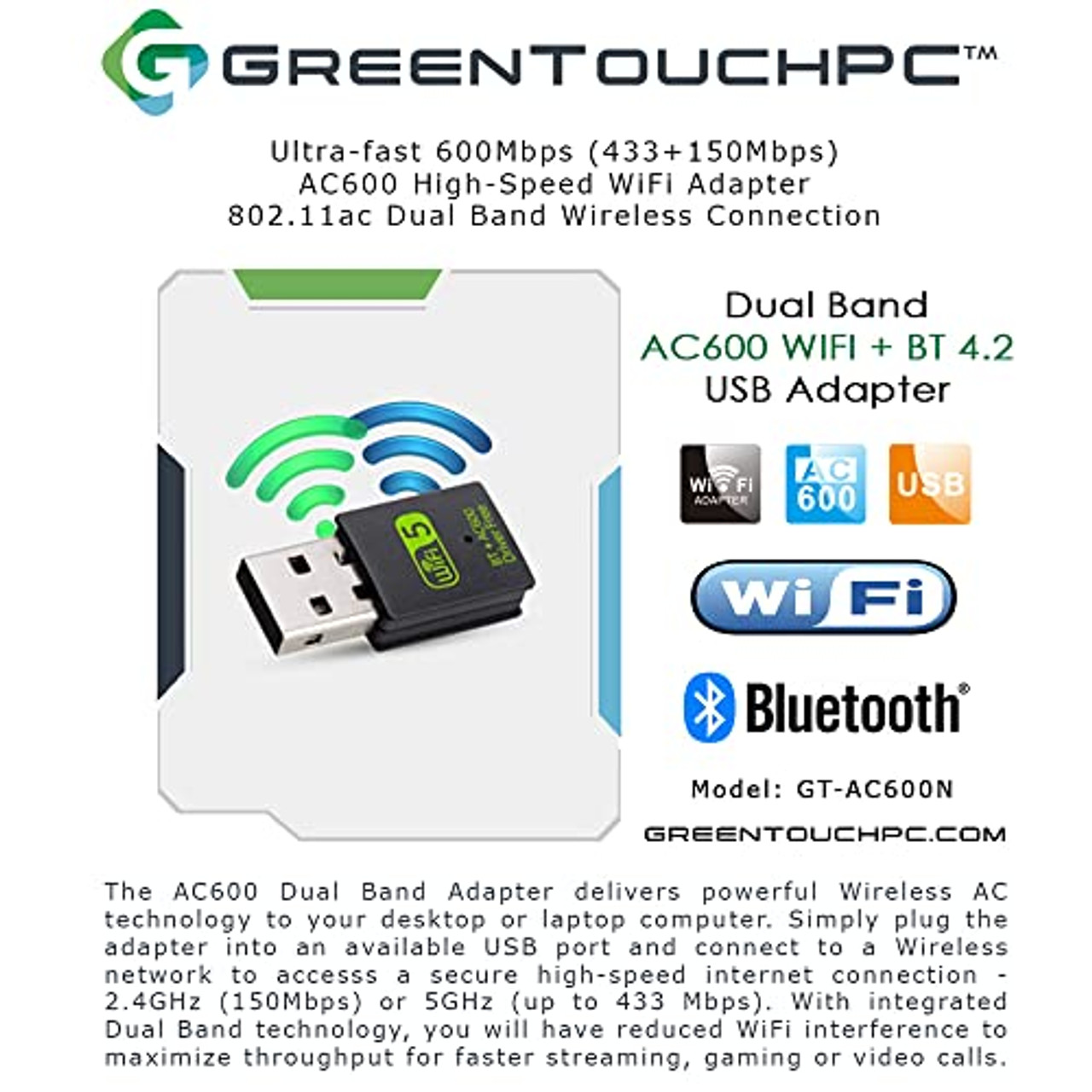 GreenTouchPC AC600 802.11ac High-Speed Dual-Band USB WiFi