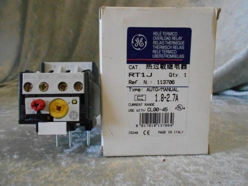 General Electric Overload Relay RT1J Current Range 1.8-2.7 A use w/ CL00-45, NIB