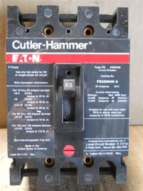 Cutler Hammer (FS320040A) 3 Pole 40 Amp Circuit Breaker, New Surplus