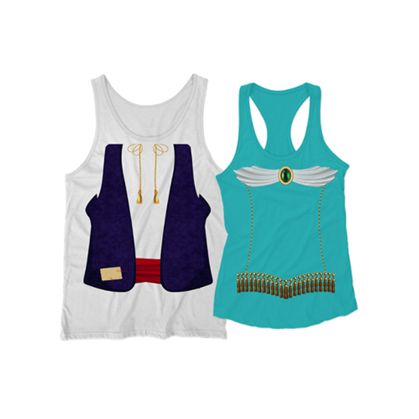 Embark on a magical journey with Aladdin and Jasmine costume tank tops! Enchanting designs, comfy fit in white or teal. Perfect for parties or everyday magic!