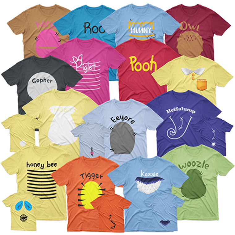Pooh and friends costume t-shirt made of soft cotton, with characters like Pooh in red, Tigger in orange, and Piglet in pink, suitable for adults, youth, toddlers, and infants.