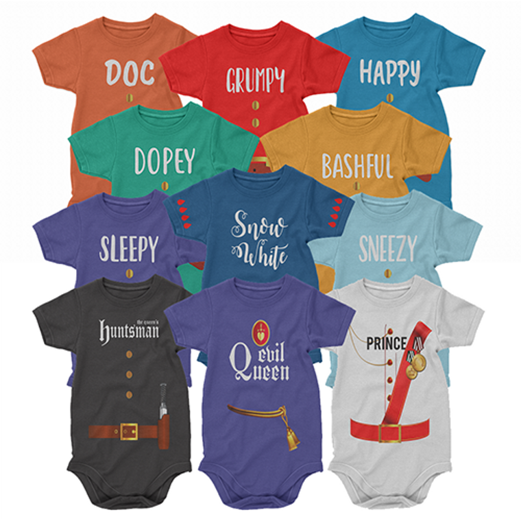 Seven Dwarf Bashful, Sneezy, Grumpy, Sleepy, Doc, Happy, Dopey, Snow White, Evil Queen, Prince And Huntsman Costume T-shirt For Infant Baby Bodysuit
