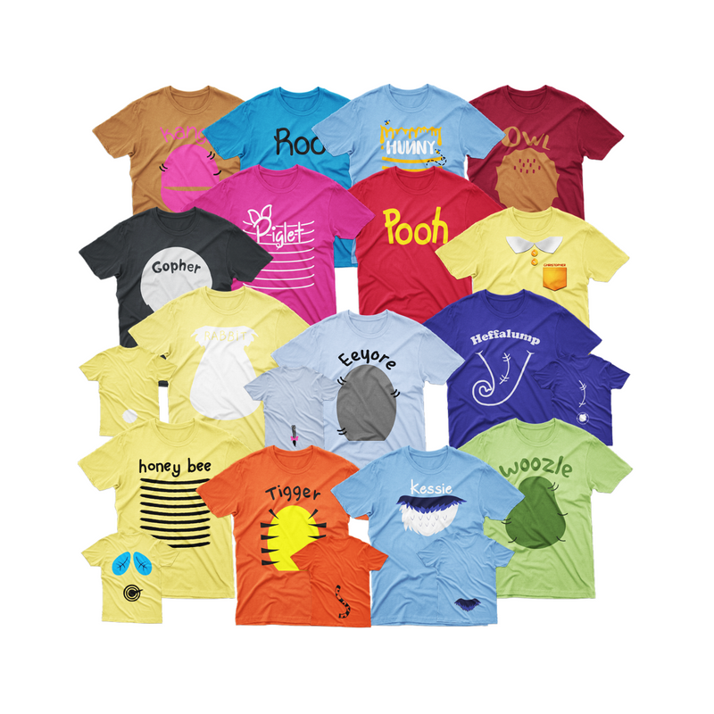 Pooh and friends costume t-shirt made of soft cotton, with characters like Pooh in red, Tigger in orange, and Piglet in pink, suitable for adults, youth, toddlers, and infants.