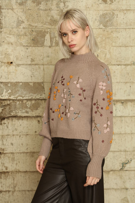 Floral Embroidery Sweater - Taupe 