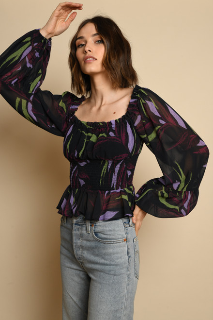 Ovie Top - Plum Dark Ferns Chiffon