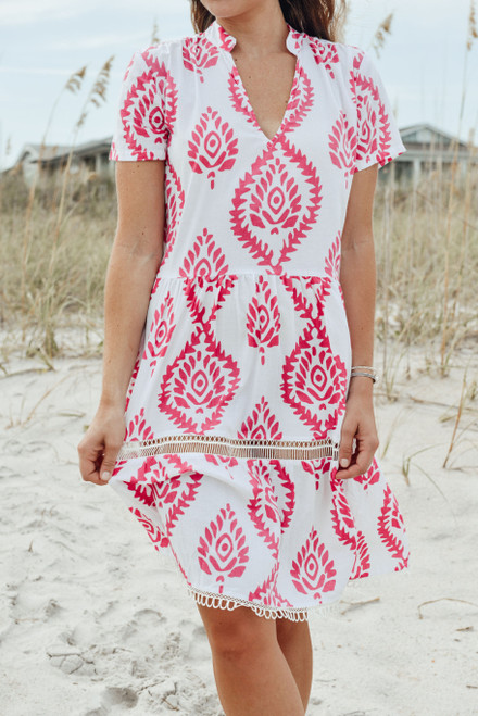 Alison Short Sleeve Dress - Batik Leaf Pink/White
