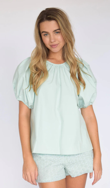 Gathered Neck Poplin Top - Mint