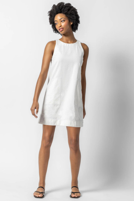 Side Button Canvas Dress - White 