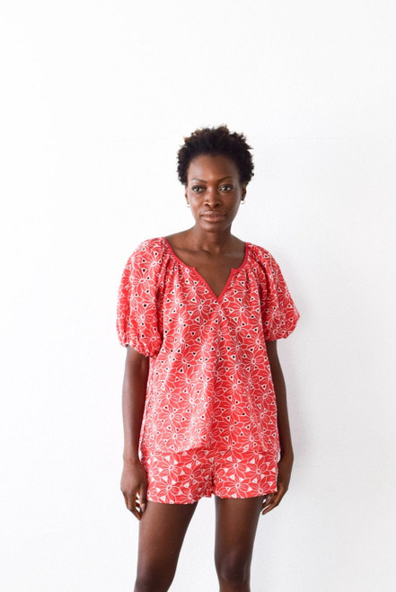 Gathered V Neck Top - Red Eyelet