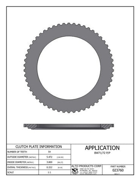 Alto Products 023760 Steel Clutch Plate Bw71/72 P/P