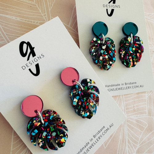Statement Earrings - Acrylic - 'RAINBOW GLITTER' - Monstera Leaf - You Choose Colour Stud Top