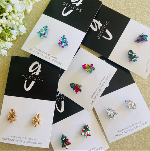 Mini Stud Earrings - Acrylic - Mini Christmas Tree - CHUNKY Glitter