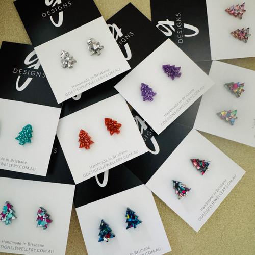 Mini Stud Earrings - Acrylic - Mini Christmas Tree - Glitter/Foil