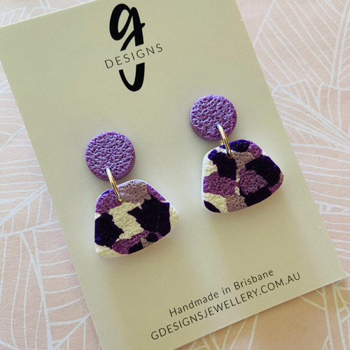 Last Pair - Statement Earrings - 'PURPLE POP' - Patterned - Abstract Shape - Purple Stud Top