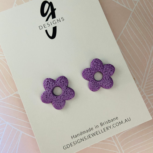 Mega Stud Earrings - Polymer Clay - Handmade - 'PURPLE POP' - Hollow Flower Shape