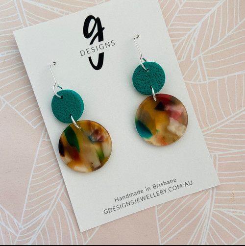 Last Pairs - Statement Earrings - Hooks - Rainbow Acrylic Dangle - Vibrant Green Clay  
