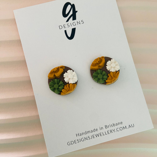 Mega Stud Earrings - Polymer Clay - 'KHAKI SANDS' - Circle  -  Chocolate Brown/Olive Green/Mustard /White  - Mega Size