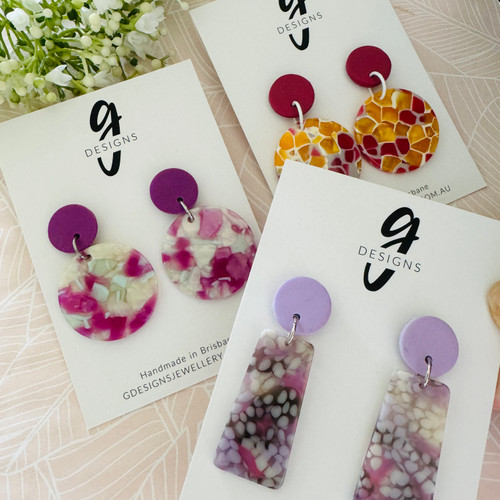 Statement Earrings - Dangle - Acrylic - Fuchsia/Purple -  Clay Stud Top - Your Choose
