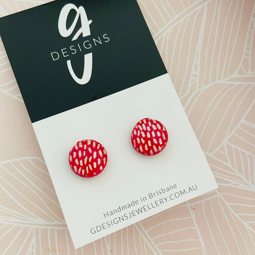 Last Pair - Stud Earrings - Clay - 'DASHES' - Red/White - 12mm Size