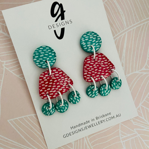 Statement Earrings - 'CHRISTMAS VIBES' - Red/Green/White - Abstract Shape with Mini Dangles