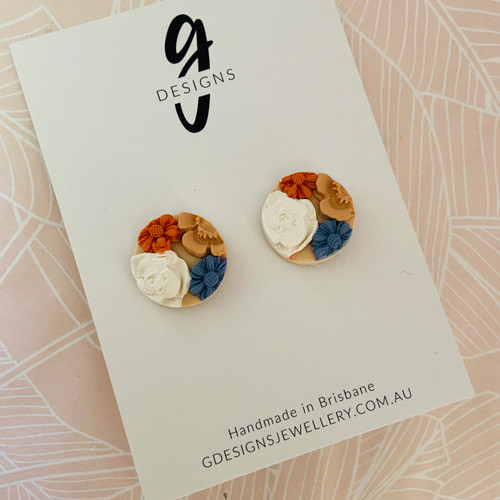 Mega Stud Earrings - Polymer Clay - 'TEXTURED FLORAL - Peach/Rust/Navy/White/Blue - Circle  - Mega Size