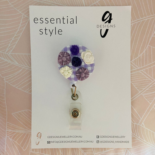 Handmade - CLAY - Retractable Badge Reel - 'Textured Floral' - Purple Gingham/White/Lilac