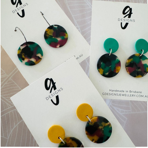 Statement Earrings - Acrylic - Small Rainbow - Emerald Green/Maroon/Mustard/Black  - Tortoise Shell - You Choose Stud Top