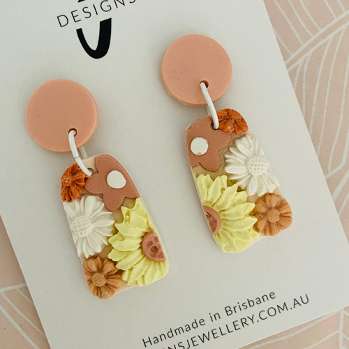 Statement Earrings - Polymer Clay - Handmade - 'TEXTURED FLORAL - Sunshine' - Burnt Orange/Lemon/White - You Choose