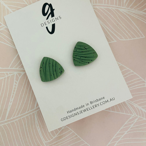 Last Pair - MEGA Stud Earrings - Polymer Clay - Triangle - Sage Green Texture 