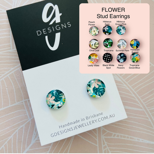 Stud Earrings - Glass Dome - Ladies/Girls/Kids - FLOWERS -  Stud or Clipon - You Choose