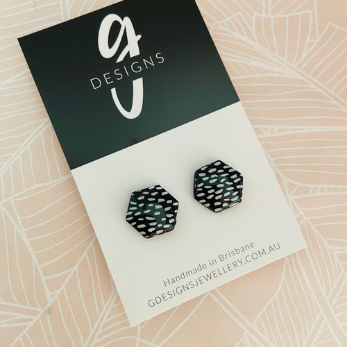 Stud Earrings - Clay - 'DASH OF MIDNIGHT' - Hexagon - Regular Size 