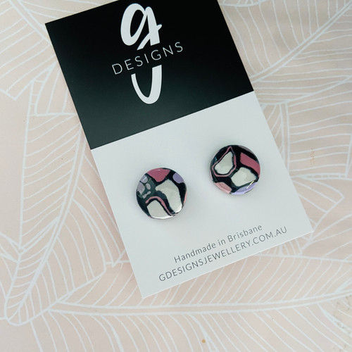 Stud Earrings - Clay - 'MAUVE MAGIC' - Purple/Pink/Lilac/White/Black - Circle - Regular Size - Glossy Resin 
