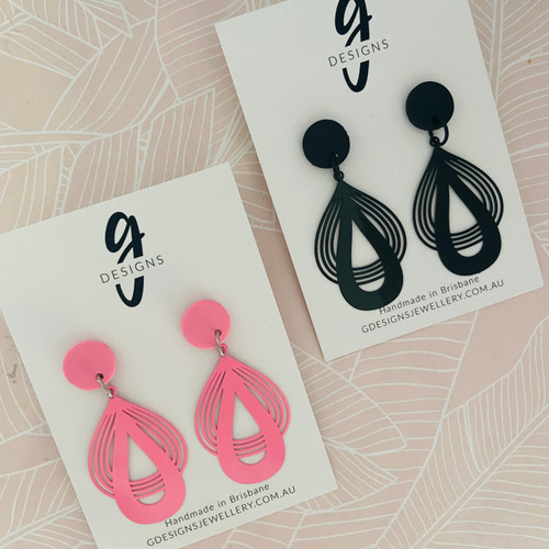 Statement Earrings - Fine Fan Metal - Black/Pink - You Choose Colour