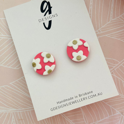 Mega Stud Earrings - Polymer Clay - 'TEXTURED FLORAL' - Bright Pink / White / Gold - Mega Size
