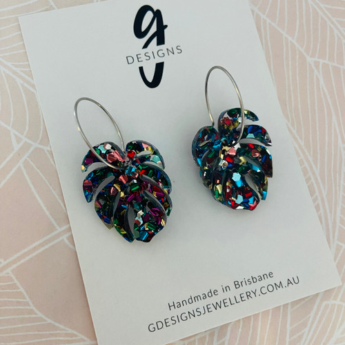 Statement Earrings - Hoop - Acrylic - Monstera Leaf Dangle - Rainbow Glitter 