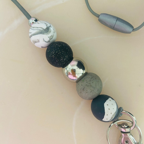 Lanyard - Teacher - Beaded - Polymer Clay - Keychain - 'ROBYN' - Black, Grey, White