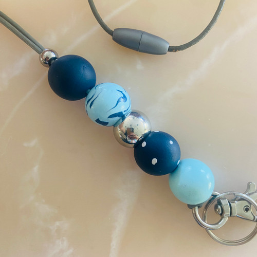Lanyard - Teacher - Beaded - Polymer Clay - Keychain - ' COOL MINT' - Pastel Mint / Navy 