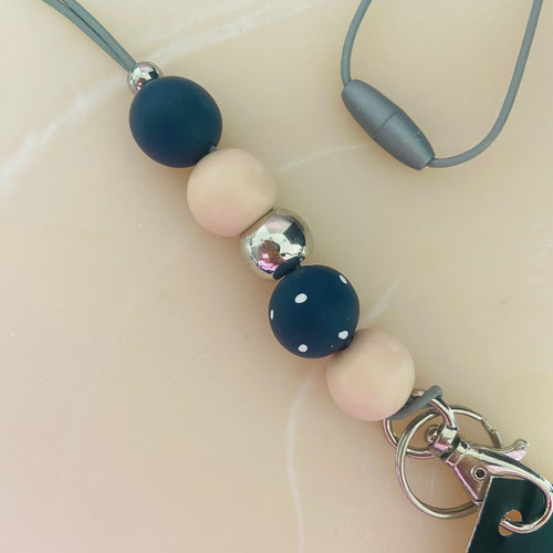 Lanyard - Teacher - Beaded - Polymer Clay - Keychain - ' ELLE' - Pale Blush Pink/Navy/Silver