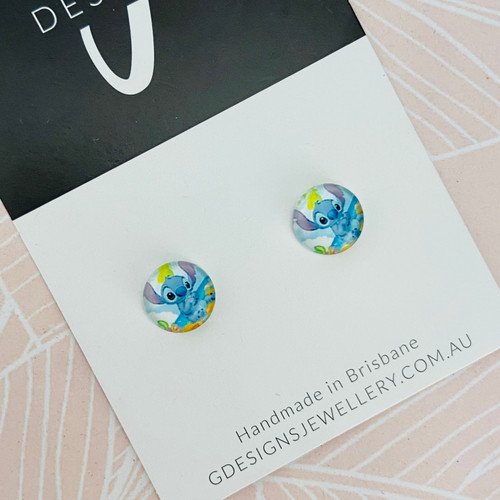 Mini Stud Earrings - Glass Dome -  'Stitch'  - Lilo & Stitch - Kids/Girls - Stud or Clipon