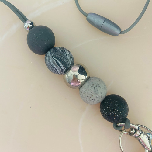 Lanyard - Teacher - Beaded - Polymer Clay - Keychain - 'SARAH' - Black, White, Grey Granite