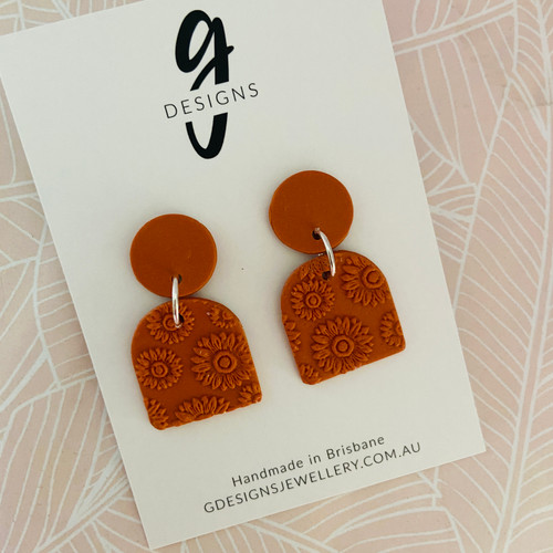 Statement Earrings - Handmade - 'SUNFLOWER' - Clay - Arch Halves - Burnt Orange