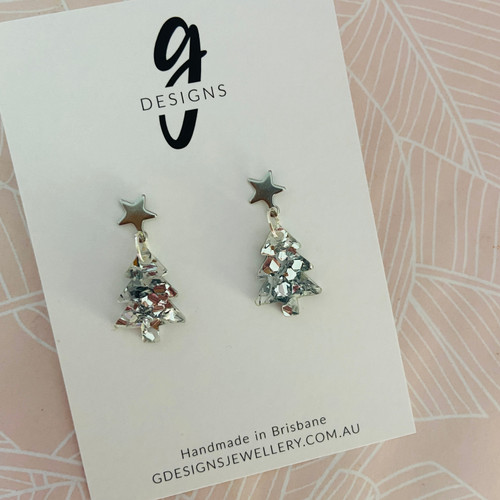 KIDS GIRLS Earrings - Acrylic -  SILVER GLITTER - Christmas Tree - Stainless Steel Star Stud Top - Mini Size