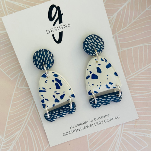 Statement Earrings - Polymer Clay - Dangle - 'NAVY SPLAT' - Navy/White - Glossy Resin