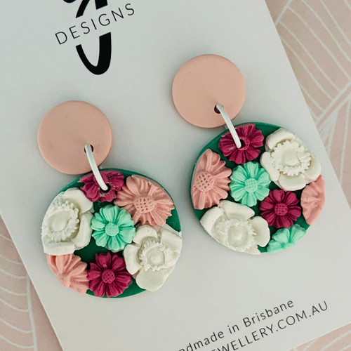 Statement Earrings - Polymer Clay - Handmade - 'TEXTURED FLORAL - Vintage Floral' - Pink/Green/White - You Choose