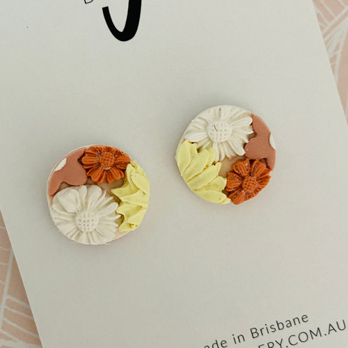 Mega Stud Earrings - Polymer Clay - 'TEXTURED FLORAL - Sunshine Yellow' - Orange/Peach/Lemon Yellow/White - Mega Size