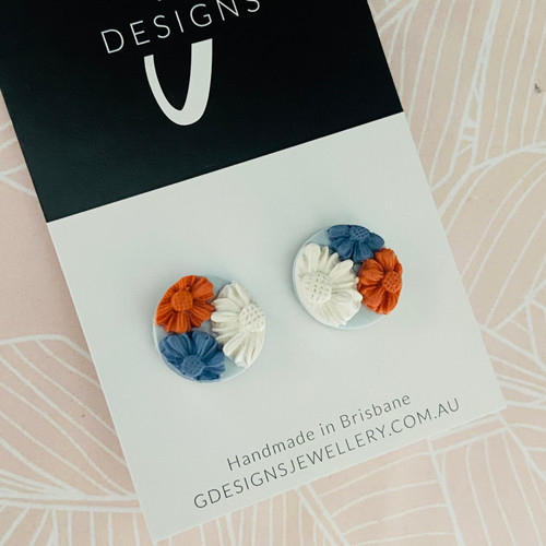 Stud Earrings - Polymer Clay - 'TEXTURED FLORAL - Sunshine Blues' - Smokey Blue/Peach/White - Regular Size