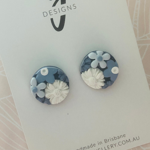 Stud Earrings - Polymer Clay - Handmade - 'TEXTURED FLORAL - THE BLUES' - Navy/Smokey Blue/Pale Blue/White - Mega Size