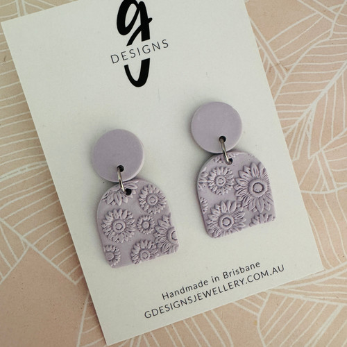 Statement Earrings - Handmade - 'SUNFLOWER' - Clay - Arch - Lilac Purple