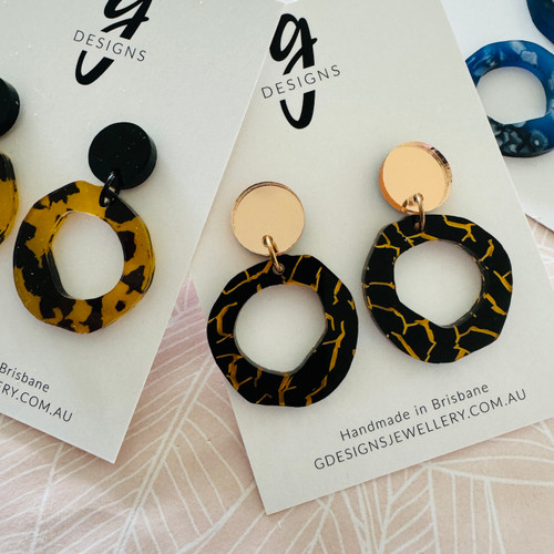 Statement Earrings - Acrylic - Hollow Organic Circle - PATTERNED - You Choose Colour